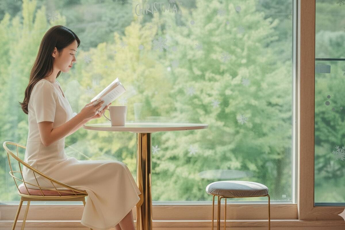 Une femme est assise à une table ronde près d’une grande fenêtre, d’où l’on aperçoit des arbres, et elle est en train de lire un livre.
