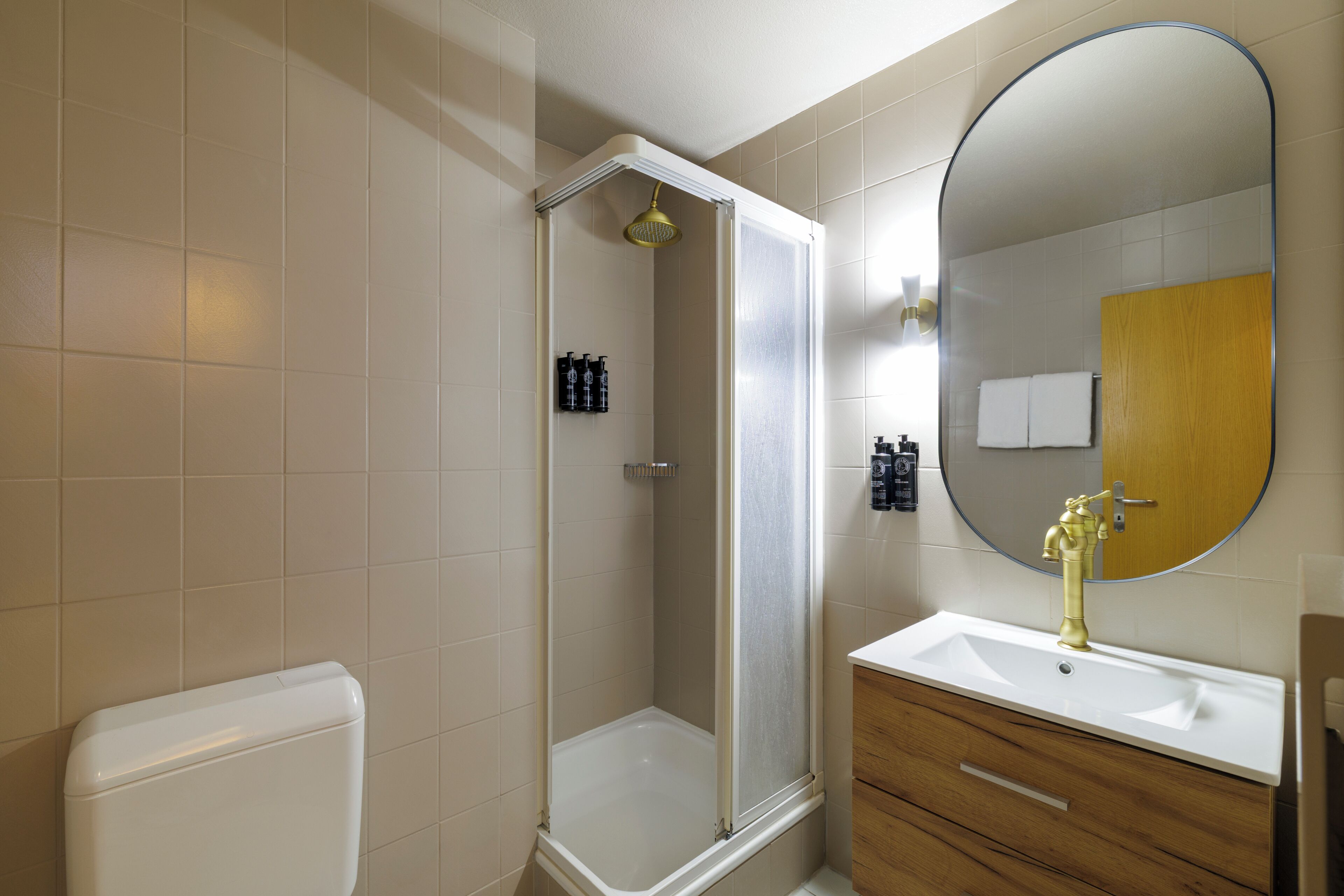 Hair dryer, towels, soap, shampoo