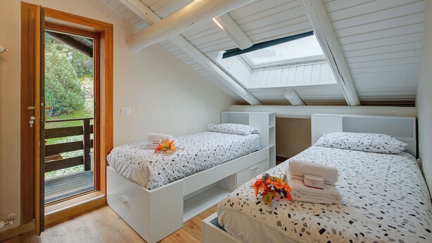 A bedroom with two beds, a skylight, and a wooden door leading to an outdoor area.