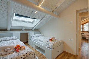 Une chambre avec deux lits, une lucarne et une vue sur l’extérieur.