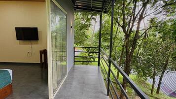 A balcony with a glass door leading to a room, a TV mounted on the wall, and a view of greenery outside.