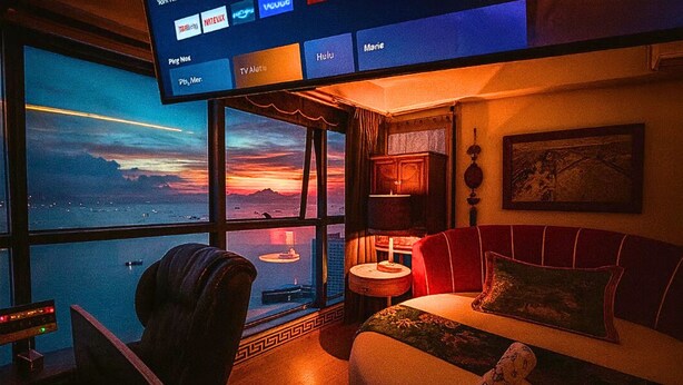 A hotel room with a large window offering a view of the sunset over the water, a bed with red headboard, a small table with a lamp, and a TV mounted on the wall displaying various streaming services. - Sea Family Room in Front of US Embassy (Manila)