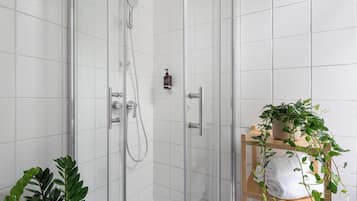 Shower, free toiletries, hair dryer, towels