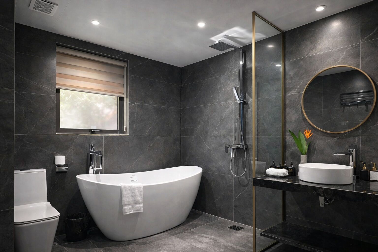 A modern bathroom with a freestanding bathtub, a glass-enclosed shower, and a round mirror.