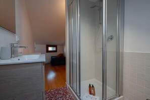 Shower, hair dryer, shampoo