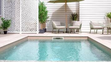 Outdoor pool, pool umbrellas, pool loungers