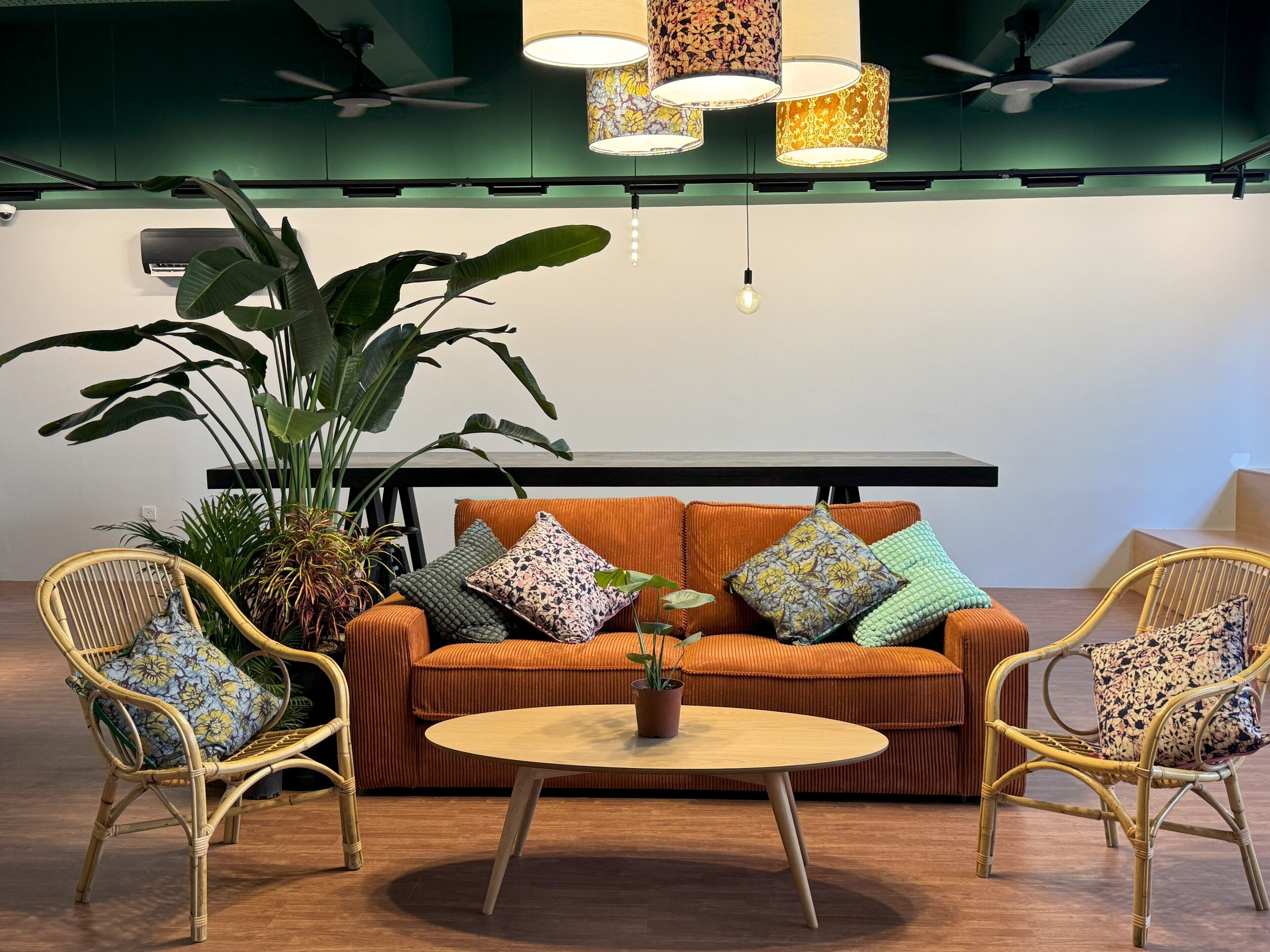A modern lounge area with a sofa, two wicker chairs, a round table, and a large potted plant.