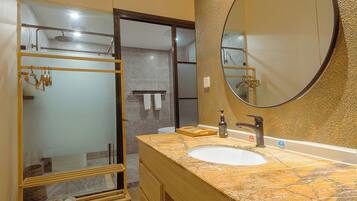 Shower, hair dryer, towels