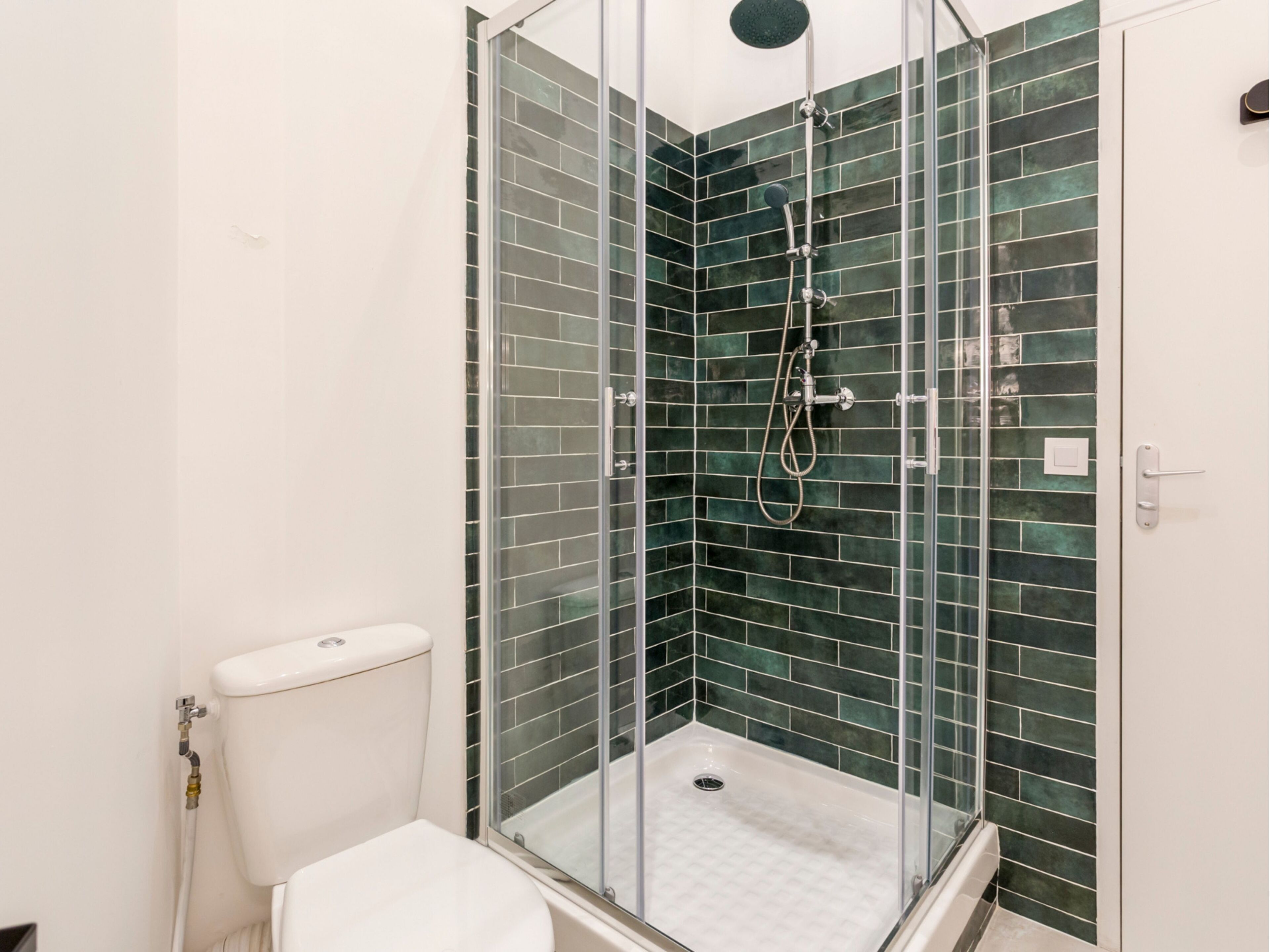 A shower with a glass door and a white toilet in a corner.