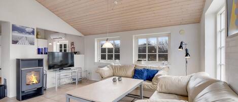 Una televisión, una chimenea, un reproductor de DVD