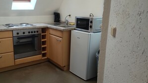 A compact kitchen with a stove, oven, microwave, and a small refrigerator. - Apartment 'Peter 2' with Private Terrace and Wi-Fi (Hessen - Michelstadt)