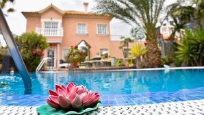 Uma piscina com decoração de flor de lótus, um edifício com varanda e palmeiras ao fundo.