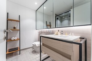 Shower, hair dryer, bidet, towels