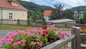 Un quartier résidentiel avec des maisons, une clôture en bois et des plantes en fleurs.