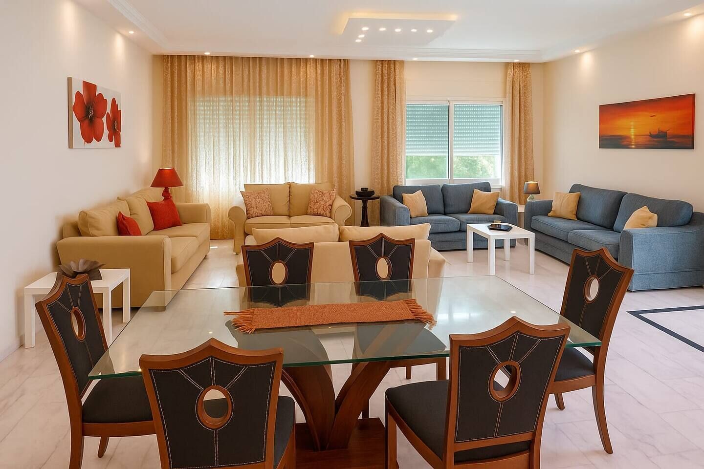 Una sala moderna con una mesa de centro de vidrio, dos sofás y una zona de comedor con sillas.