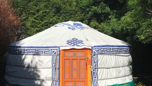 A traditional yurt with a decorative wooden door and intricate patterns on the exterior.