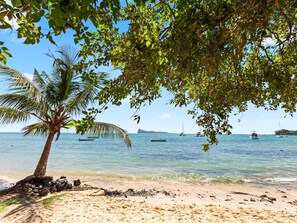 A beach with a palm tree, clear blue water, and boats. - 7 Green Village (Grand-Baie)