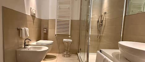 Shower, hair dryer, bidet, towels