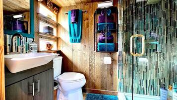Hair dryer, towels, soap, shampoo
