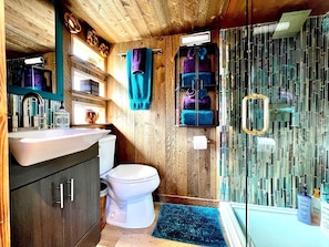 Hair dryer, towels, soap, shampoo