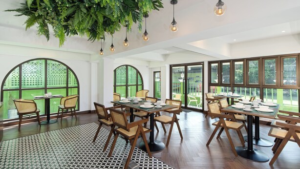 Un restaurant avec des tables rondes, des chaises, des plantes suspendues et de grandes fenêtres.