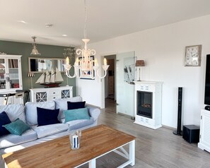 Télévision, cheminée, chaîne hi-fi