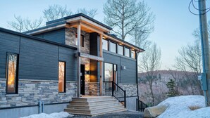 A modern two-story house with a stone facade, a wooden staircase, and a metal railing.