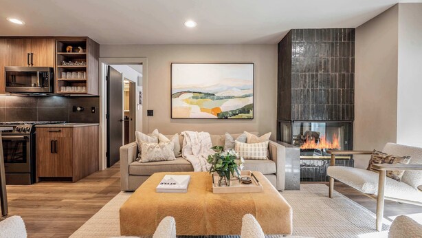 Una sala de estar moderna con chimenea, un sofá, una mesa de centro y una cocina con armarios y electrodomésticos de madera.