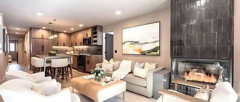 TV, lareira, aparelho de som, escritórios