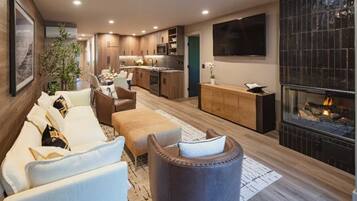 TV, lareira, aparelho de som, escritórios