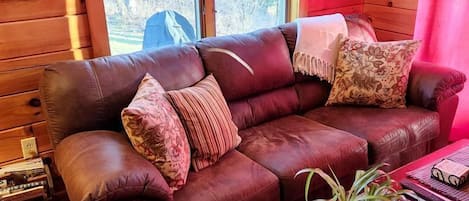 A wooden cabin interior with a leather sofa, a table with a plant, and a window with a view of trees.