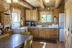 Een koelkast, een magnetron, een kookplaat, een vaatwasser