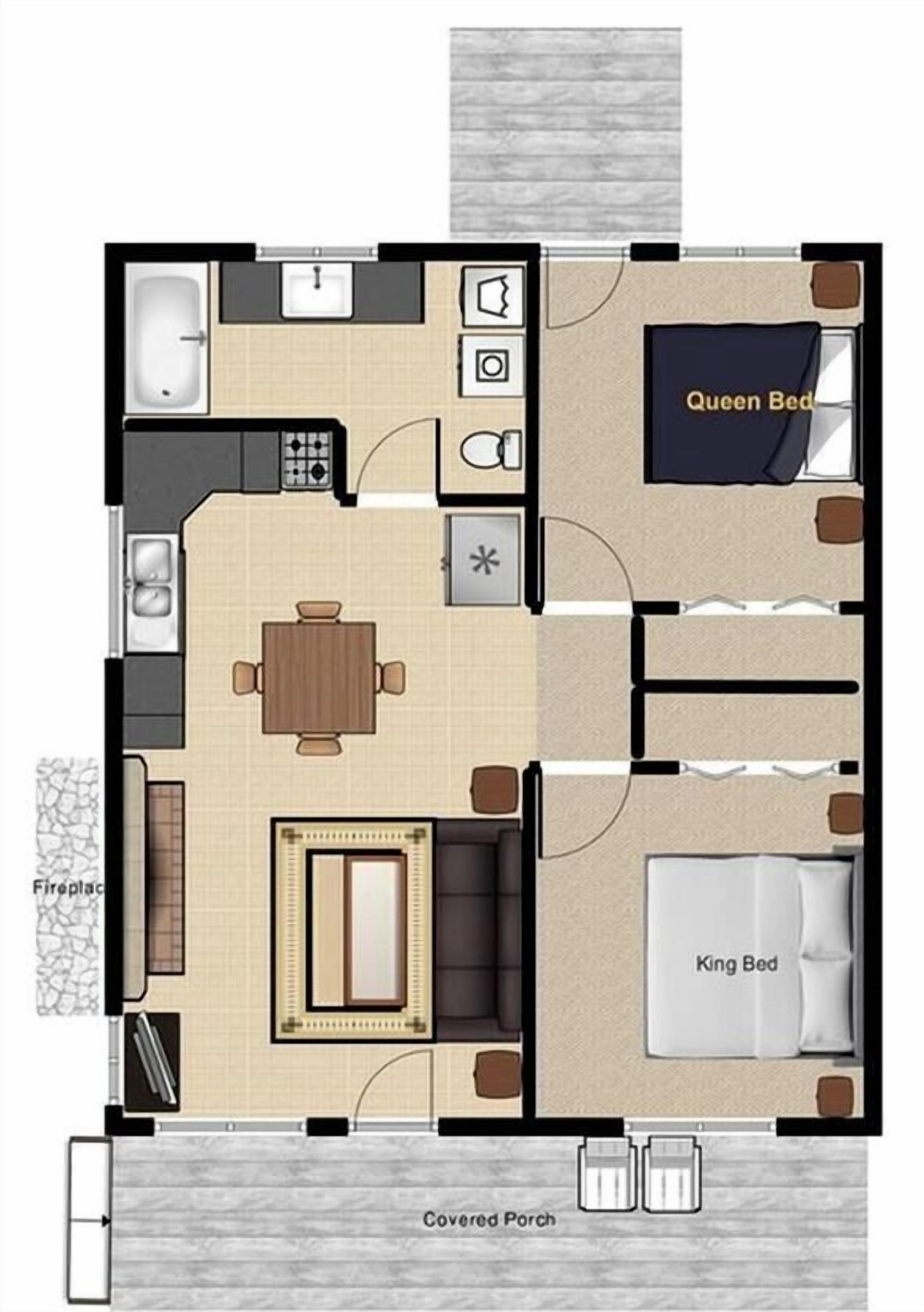 En hotellrumslayout med en inglasad veranda, en öppen spis, en matplats, ett kök, ett badrum och två sängar, varav den ena är märkt med ”Queen Bed” och den andra med ”King Bed”.