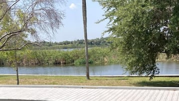 A wooden deck overlooking a calm body of water with trees and a clear sky.