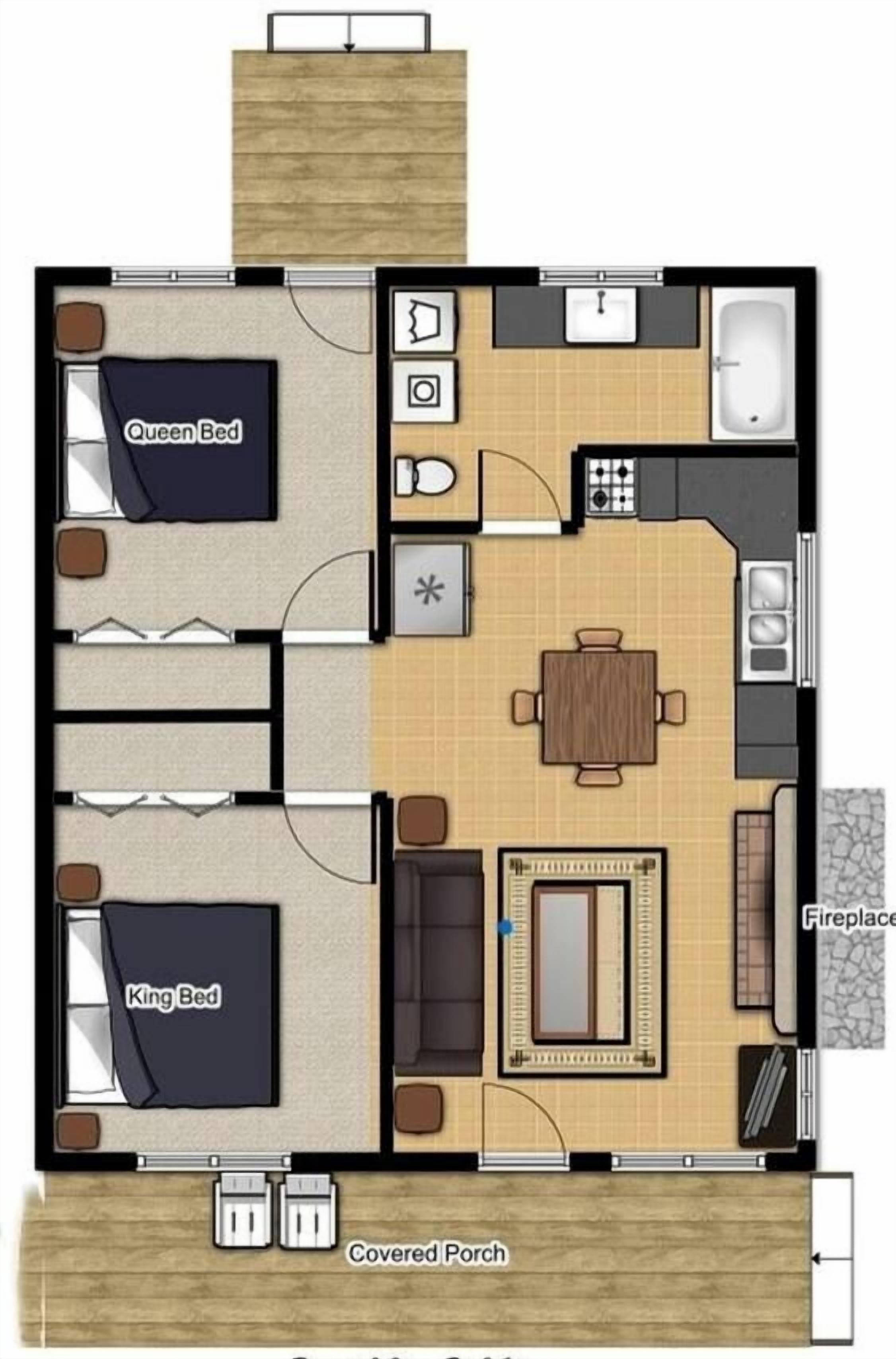 A hotel room layout with a covered porch, a fireplace, a kitchen area, and two separate bedrooms labeled 'Queen Bed' and 'King Bed'.