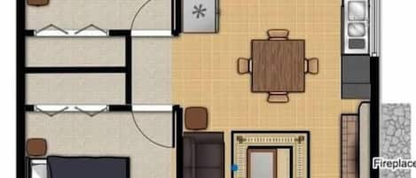 A hotel room layout with a covered porch, a fireplace, a kitchen area, and two separate bedrooms labeled 'Queen Bed' and 'King Bed'.