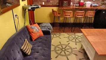 TV, fireplace, table football, ping pong