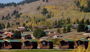 A cluster of wooden cabins with green roofs, set against a backdrop of a hilly landscape with trees and a clear sky.