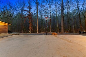 A concrete driveway leading to a basketball hoop in a forested area with a wooden building on the left.