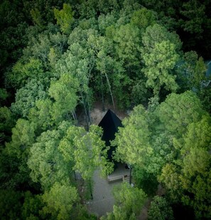 An aerial view of a forested area with a small, dark-colored cabin surrounded by dense trees.