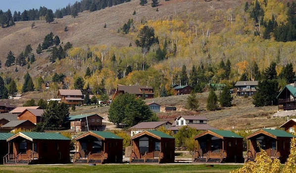 A cluster of wooden cabins with green roofs, set against a backdrop of a hilly landscape with trees and a clear sky. - Fantastic Cabin with Fire Pit Close to West Yellowstone, Montana (West Yellowstone)