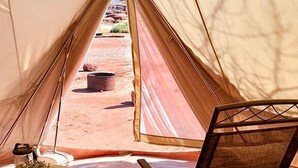 Ein Zelt mit Bett, einem Sessel und einem kleinen Tisch mit einer Pflanze.
