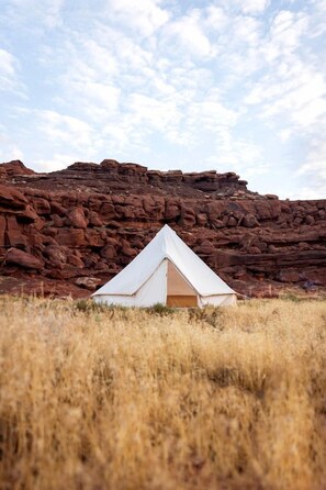 A white tent in a grassy field with a rocky backdrop.