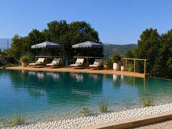 A pool with clear water, surrounded by lounge chairs and umbrellas, set against a backdrop of trees and hills.
