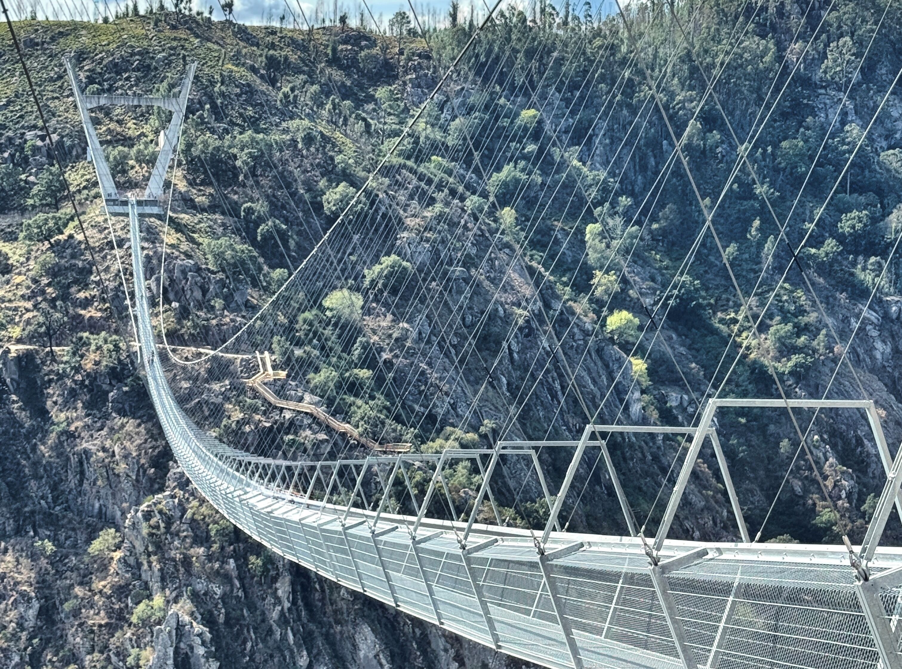 Un puente colgante con estructura metálica y pasarela de malla, que atraviesa un desfiladero rocoso con vegetación escasa.