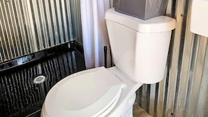 Une petite salle de bain comprenant des toilettes, une douche et un porte-serviettes.