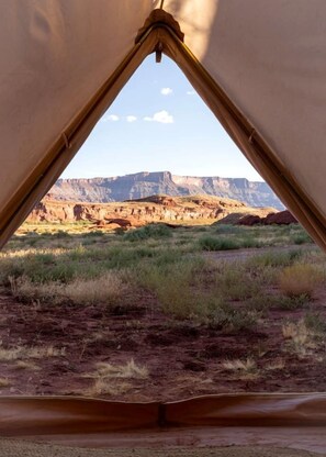 A tent with a view of a mountainous landscape.
