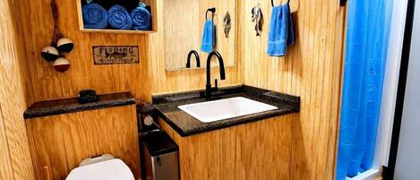 A wooden-themed bathroom with a sink, toilet, and a mirror.