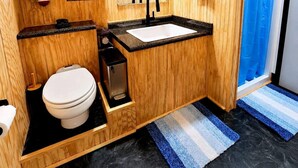 A wooden-themed bathroom with a sink, toilet, and a mirror.