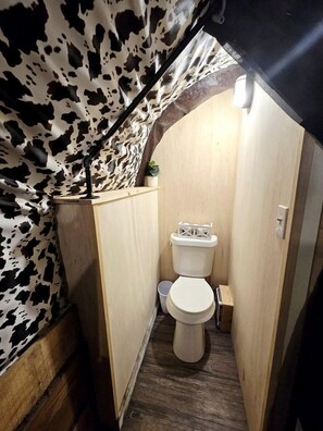 A narrow, wooden-walled bathroom with a toilet, a small sink, and a potted plant. - Beautiful Rustic Wagon with Modern Interior and Outdoor Hot Tub for a Unique Romantic Getaway near Lake O' the Pines, Texas (Warlock)